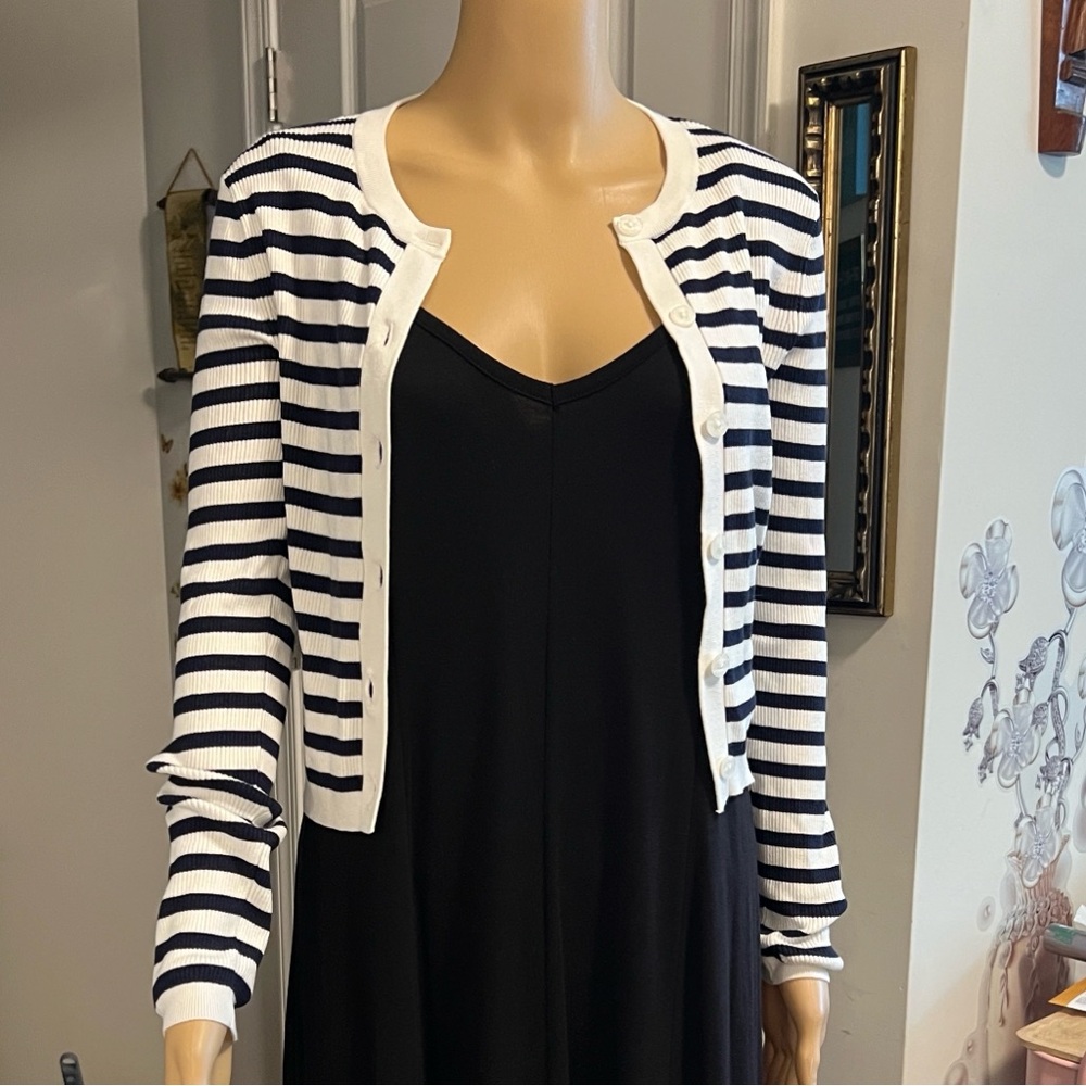 LOFT Navy and White Striped Cardigan